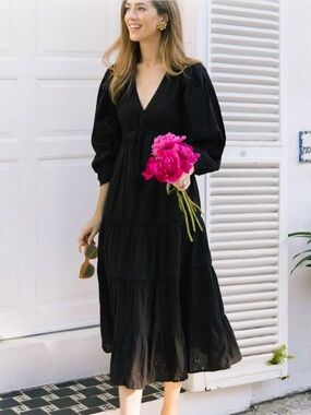 Mer St. Barth Black Eyelet Puff-Sleeve Dress - Classic Cotton size m